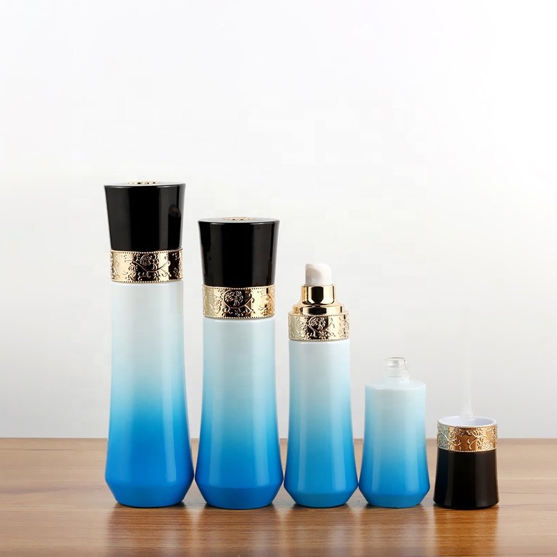 Custom Gradient Blue and White Skin Care Glass Bottle Packaging 100ML Set Cream Glass Bottle Pump 40Ml