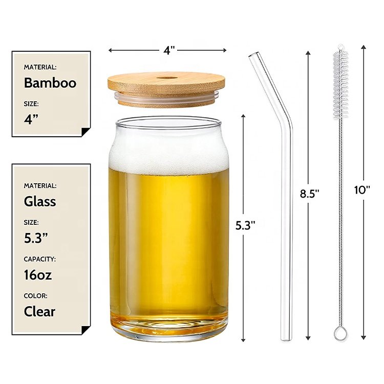 16oz frosted clear beer can glass sublimation water bottle glass jar with bamboo lid and straws