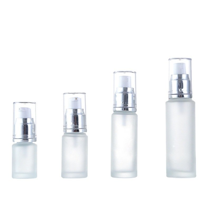 Customized frosted glass 15ml spray lotion pump press type cosmetic dispensing glass bottle