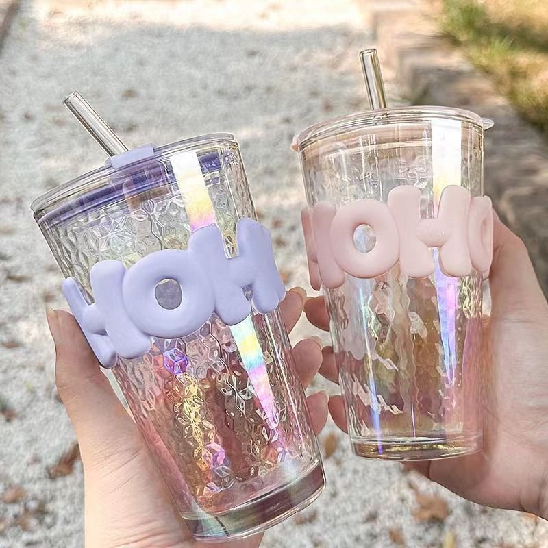 450ml Glass Mugs Leak-proof Reusable Coffee Cup Office Straw and Straight Drinking Dual-purpose Lid Glass Bottle