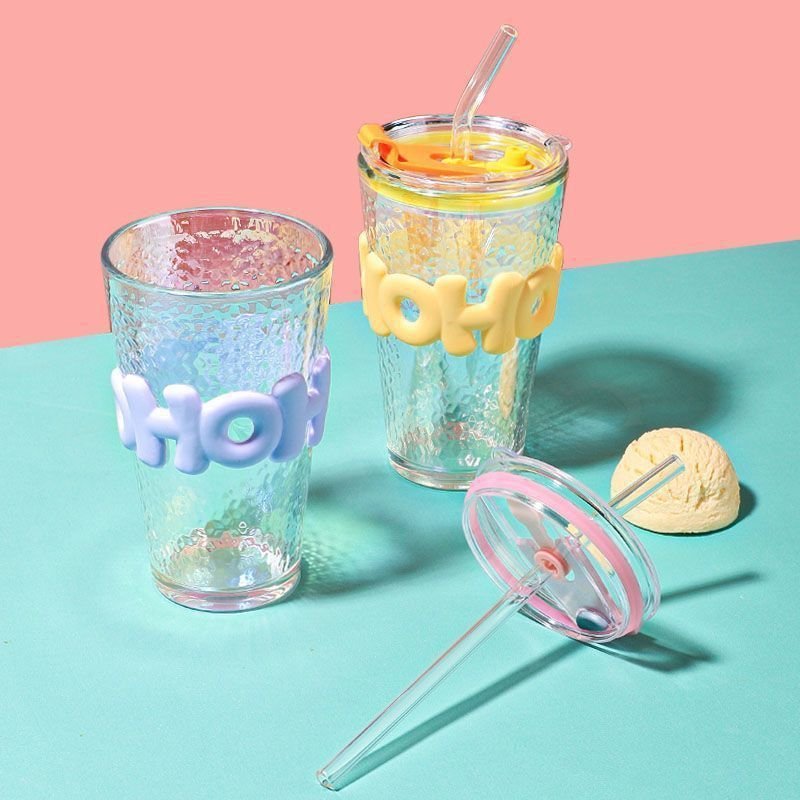 450ml Glass Mugs Leak-proof Reusable Coffee Cup Office Straw and Straight Drinking Dual-purpose Lid Glass Bottle