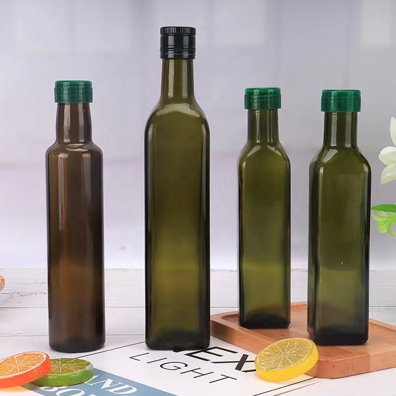 Food Grade 100ml 250ml 500ml 750ml 1L Empty Square Dark Green Marasca Cooking Olive Oil Glass Bottles