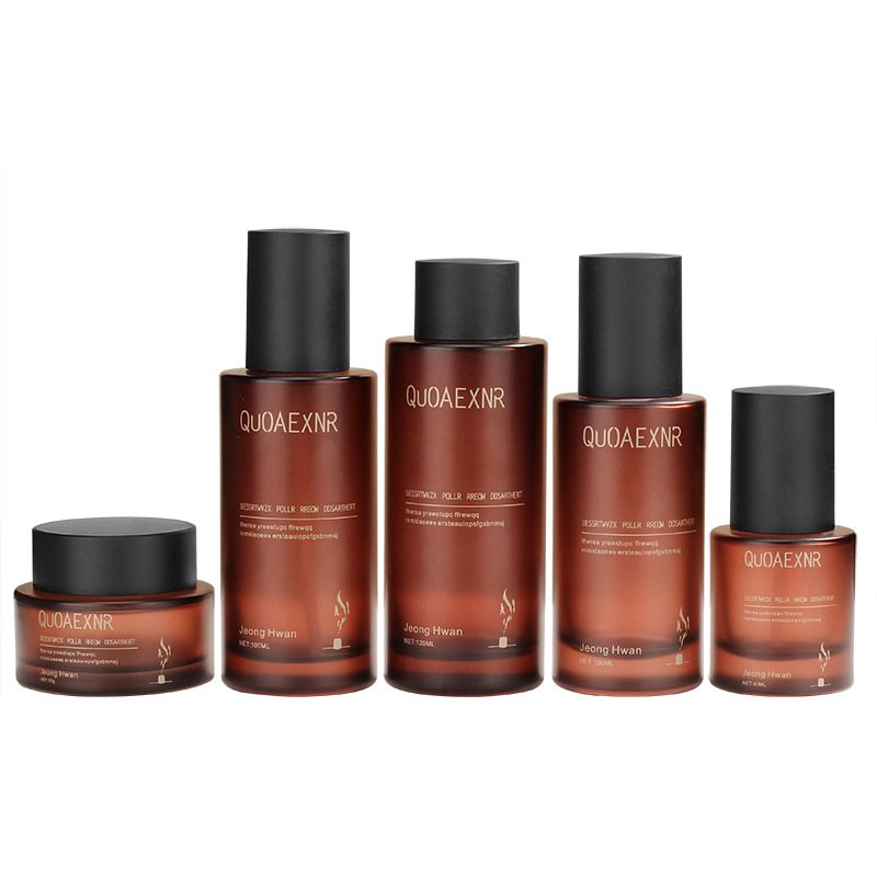 Cosmetic Amber frosted glass bottles cosmetic set packaging high quality glass cream container packaging skin care set