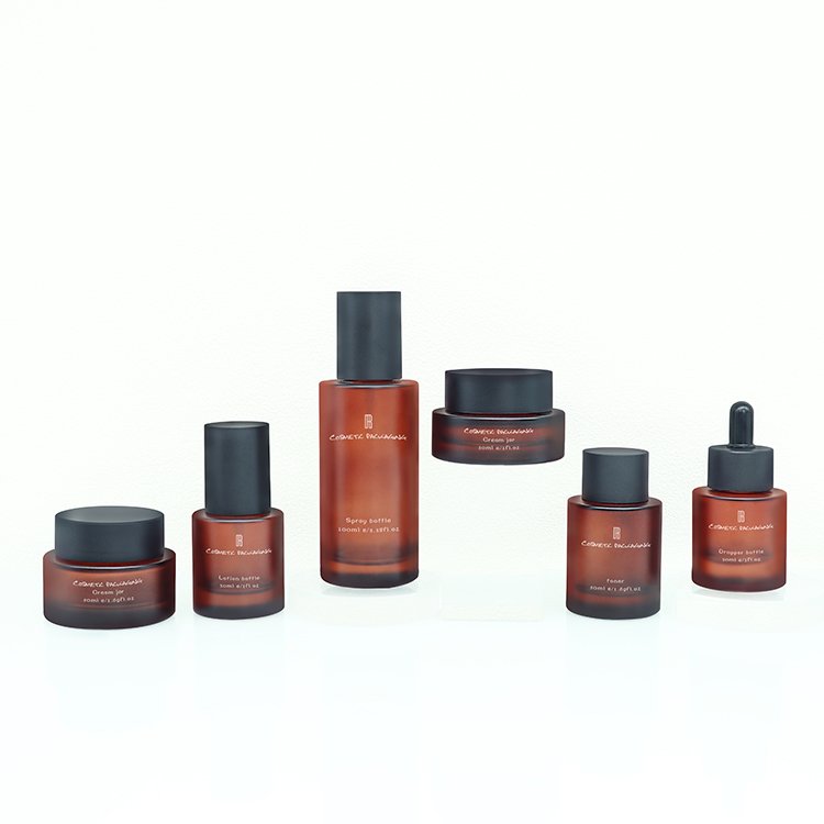 Cosmetic Amber frosted glass bottles cosmetic set packaging high quality glass cream container packaging skin care set