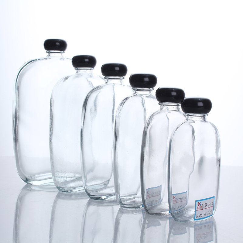 Customized Glass Bottle for Beverage Cold Brew Coffee Wine Liquor Tea Flat Flask with Lid 100ml 200ml 250ml 350ml 500ml Clear