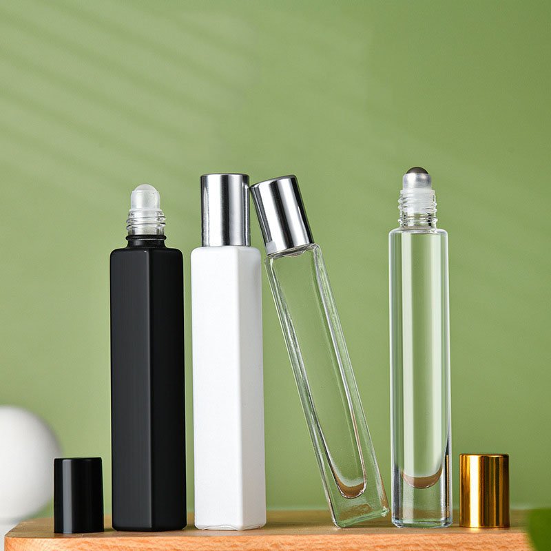 Empty Square Glass Roll On Bottles 10ml Essential Oil Perfume Bottle with Matte Black/White Color Stainless Steel Roller Ball