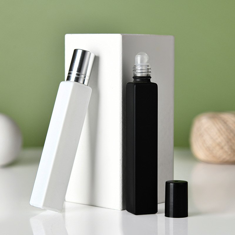 Empty Square Glass Roll On Bottles 10ml Essential Oil Perfume Bottle with Matte Black/White Color Stainless Steel Roller Ball