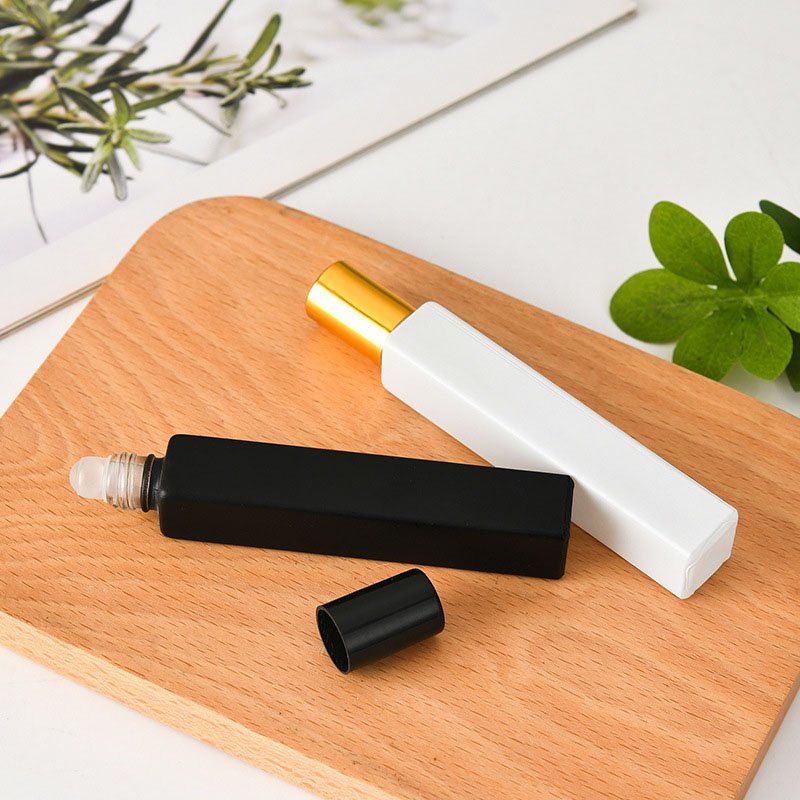 Empty Square Glass Roll On Bottles 10ml Essential Oil Perfume Bottle with Matte Black/White Color Stainless Steel Roller Ball