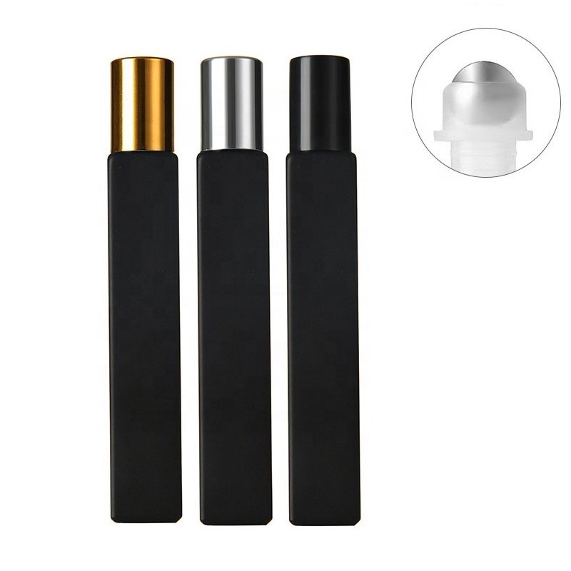 Empty Square Glass Roll On Bottles 10ml Essential Oil Perfume Bottle with Matte Black/White Color Stainless Steel Roller Ball