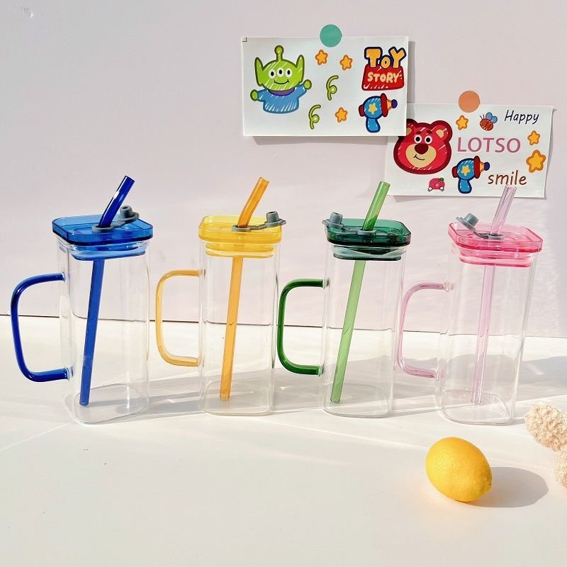pink blue green yellow square glass cup with lid and straw for water beverage juice iced drink 15oz