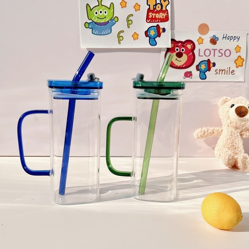 pink blue green yellow square glass cup with lid and straw for water beverage juice iced drink 15oz