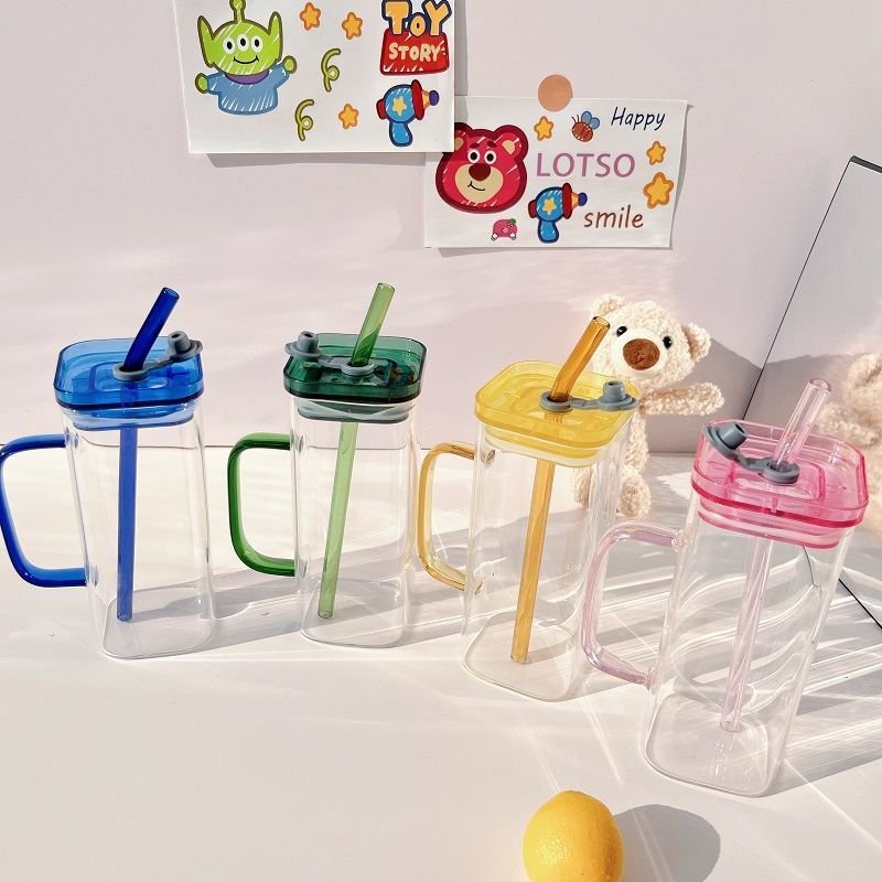 pink blue green yellow square glass cup with lid and straw for water beverage juice iced drink 15oz