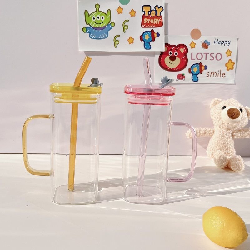 pink blue green yellow square glass cup with lid and straw for water beverage juice iced drink 15oz