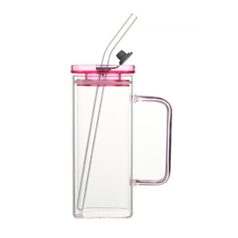 pink blue green yellow square glass cup with lid and straw for water beverage juice iced drink 15oz