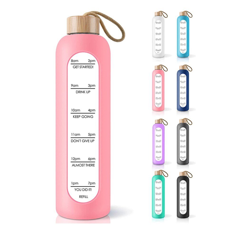 Gym Inspirational Aquarius 32 oz sports eco friendly motivational bamboo lid glass 1l water bottle with time marker to drink