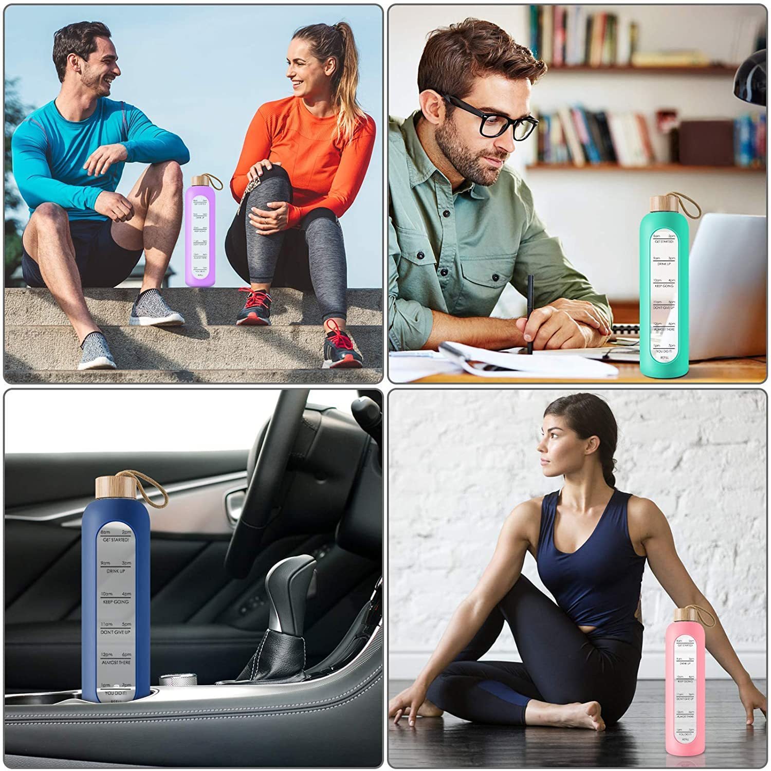 Gym Inspirational Aquarius 32 oz sports eco friendly motivational bamboo lid glass 1l water bottle with time marker to drink