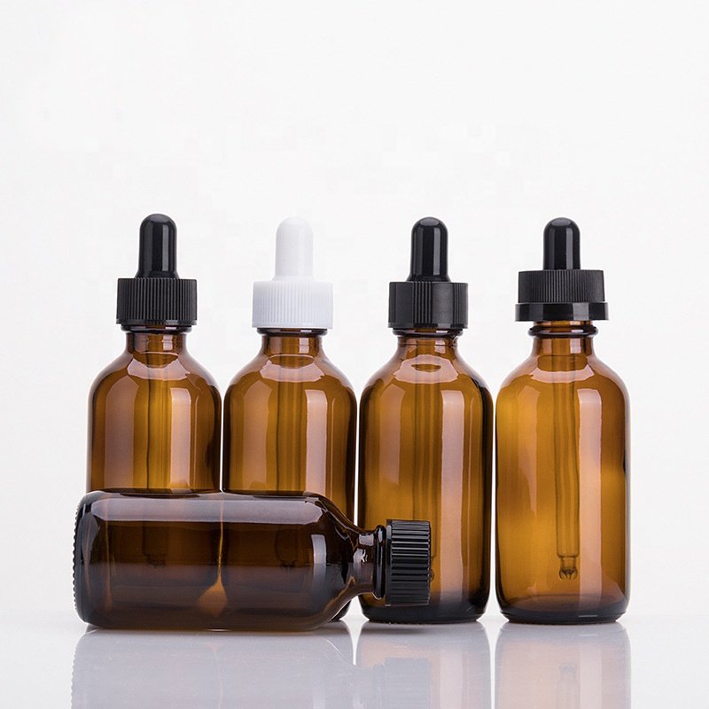 Boston round glass bottle 60 ml amber glass bottle 2 oz glass dropper bottle for essential oil cosmetic packaging