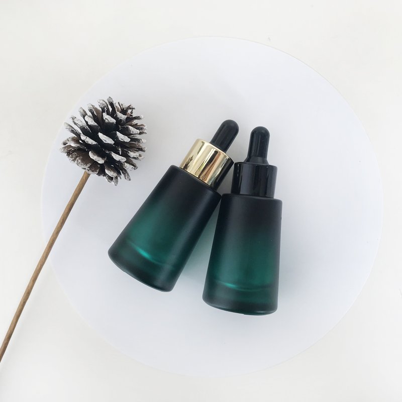 Frosted Gradient Green Bottle Collar Dropper Essencial Oil Bottle Cosmetic Glass Bottle Perfume Packaging Conic 30ml with Gold
