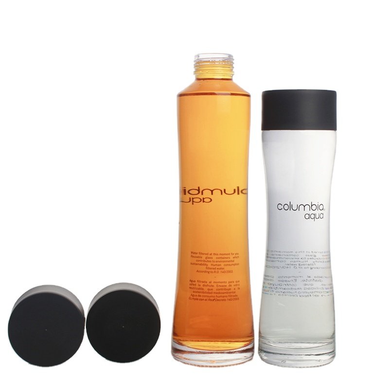 Luxury screen printing vitrify 500ml 700ml high flint clear round juice beverage water glass bottle with plastic cap