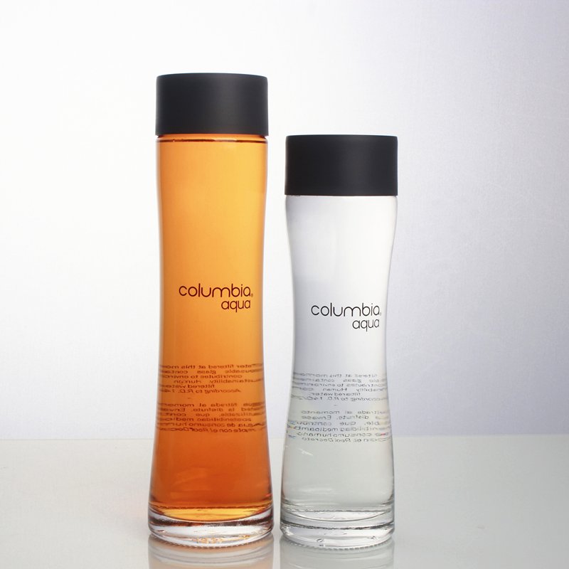 Luxury screen printing vitrify 500ml 700ml high flint clear round juice beverage water glass bottle with plastic cap