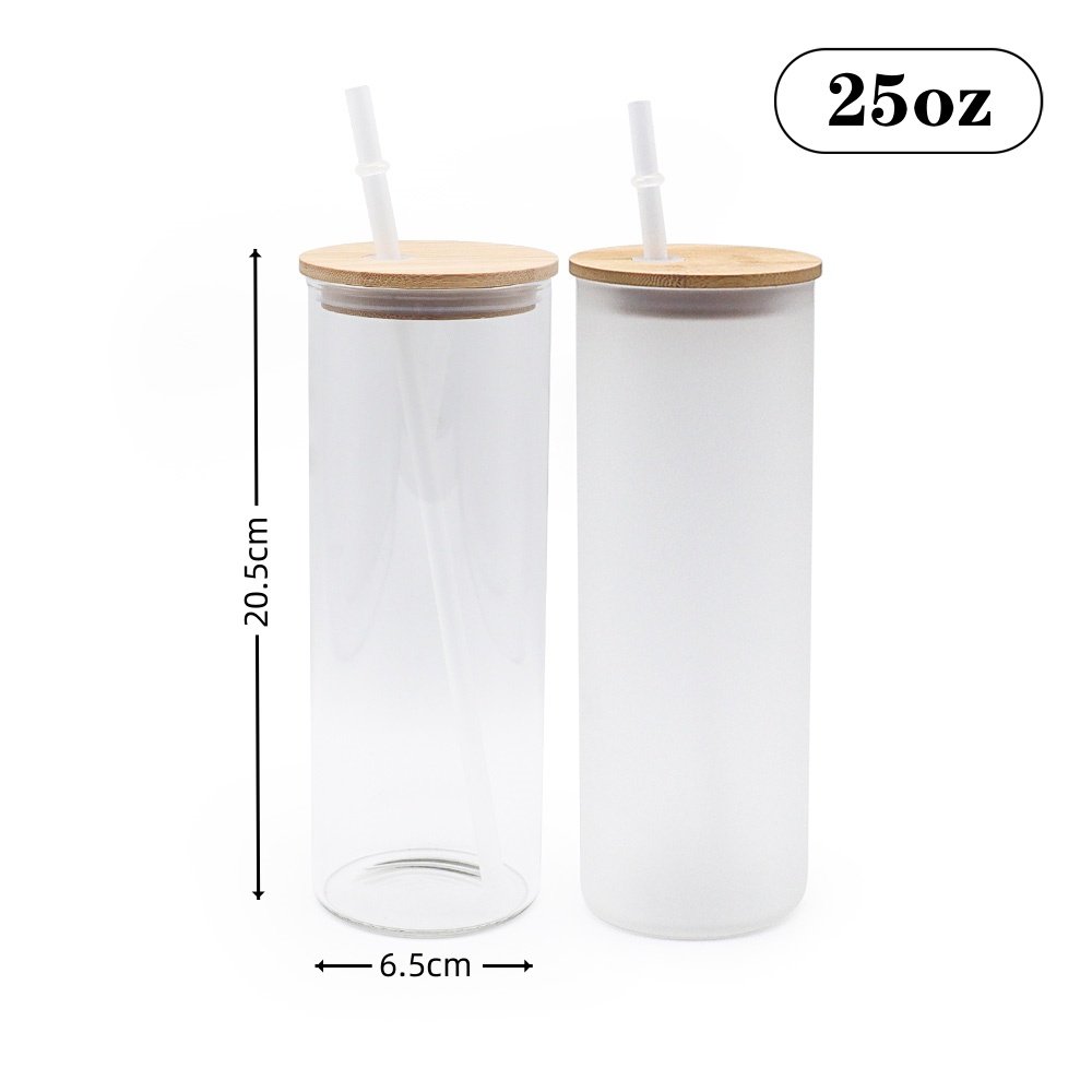 USA Warehouse 25oz Clear&Frosted Water Bottle Skinny Straight Sublimation Blank Glass Can with bamboo Lid and Straws