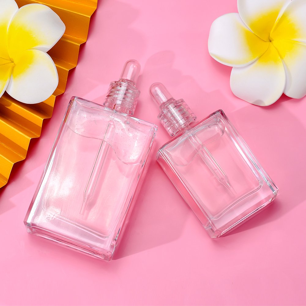 Empty skincare serum body oil 1oz 30ml 50ml 100ml clear flat square glass essential oil dropper bottles with crystal dropper lid