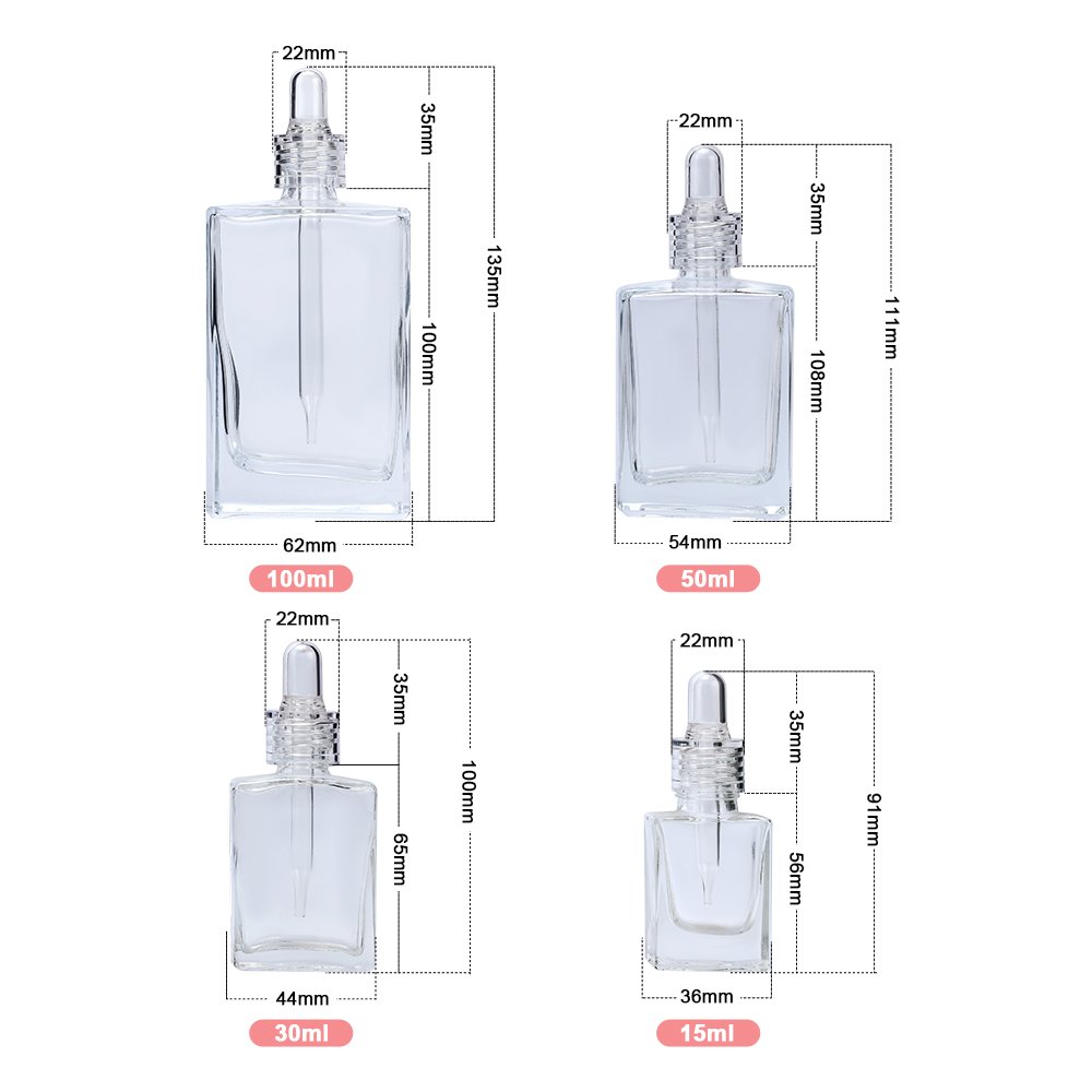 Empty skincare serum body oil 1oz 30ml 50ml 100ml clear flat square glass essential oil dropper bottles with crystal dropper lid