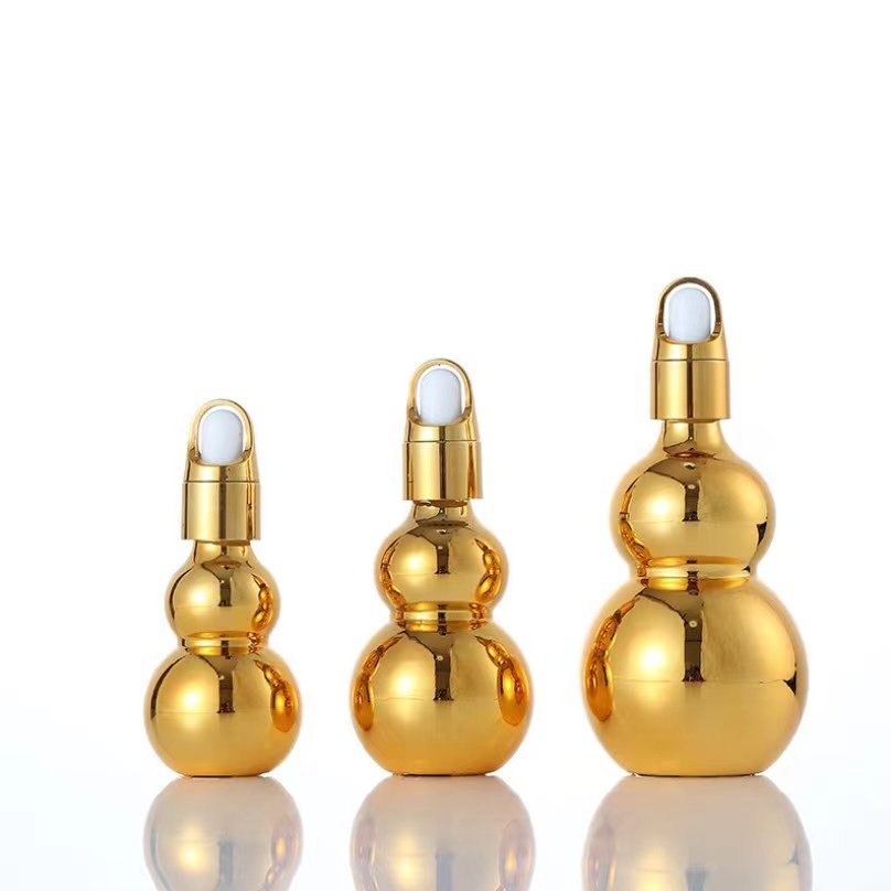 In Stock10 20 30 50 100ML Gold Electroplated Essential Oil Bottle Double Gourd Glass Dropper Bottle Cosmetic Dispensing Bottle