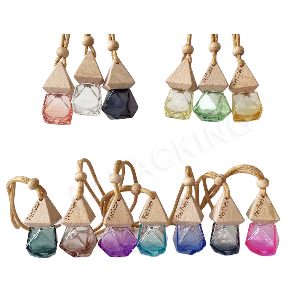 Fancy 8ml Diamond Shape Clear Perfume Glass Bottle Empty Car Diffuser Bottle Hanging With Wooden Cap For Fragrance Oil