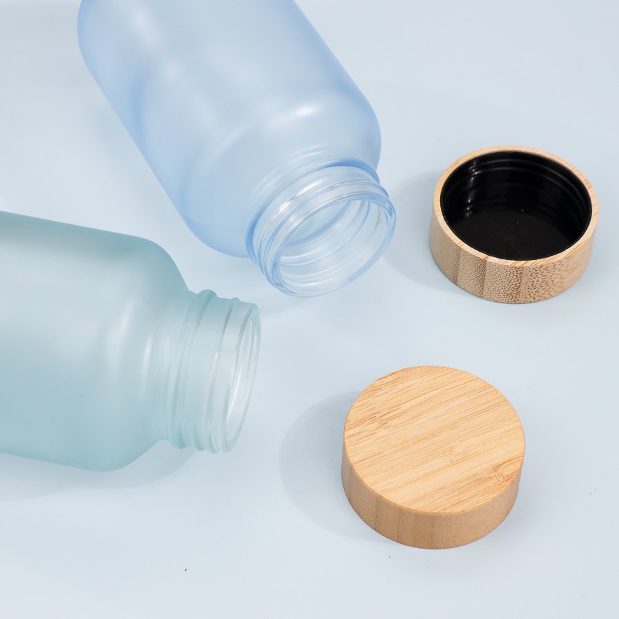 Wholesale Wide Mouth Frost Glass Capsule glass Bottle Frosted Glass Pill Bottle Jar For Medical Pills With Wooden Bamboo Cap