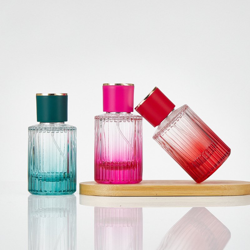 30ml 1oz 50ml 1.5oz 100ml cute Gradient Vertical stripe shape cosmetic perfume glass bottle pump custom color coating color