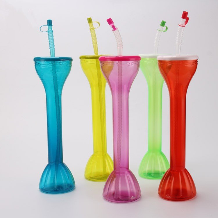 Creative styles dumbbell long neck water bottle with straw disposable PET cup for cold drinks
