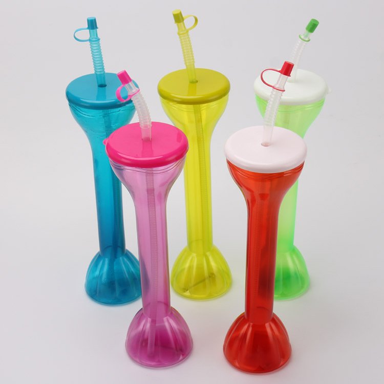 Creative styles dumbbell long neck water bottle with straw disposable PET cup for cold drinks