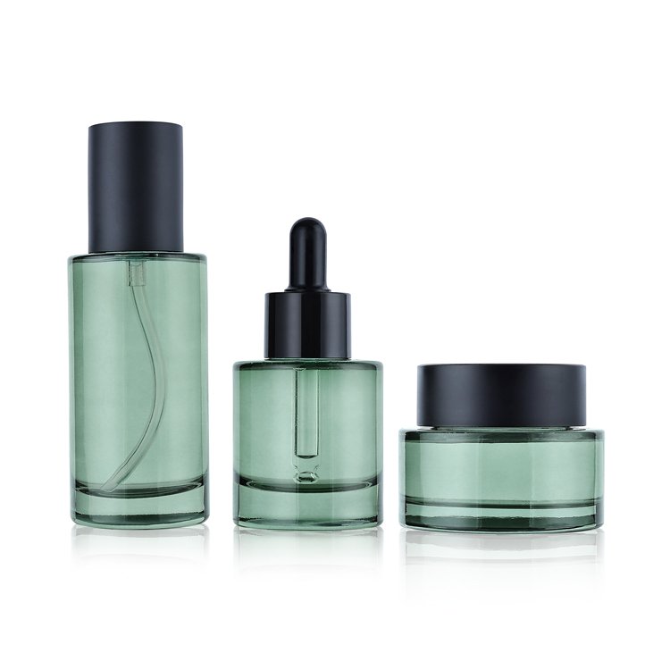 Luxury Cosmetic Bottle And Jar Set 40ml 100ml 130ml 150ml Glass Bottle 50g Cream Jar Green Skin Care Products Glass Packaging
