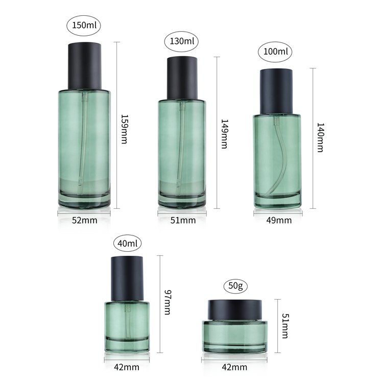 Luxury Cosmetic Bottle And Jar Set 40ml 100ml 130ml 150ml Glass Bottle 50g Cream Jar Green Skin Care Products Glass Packaging