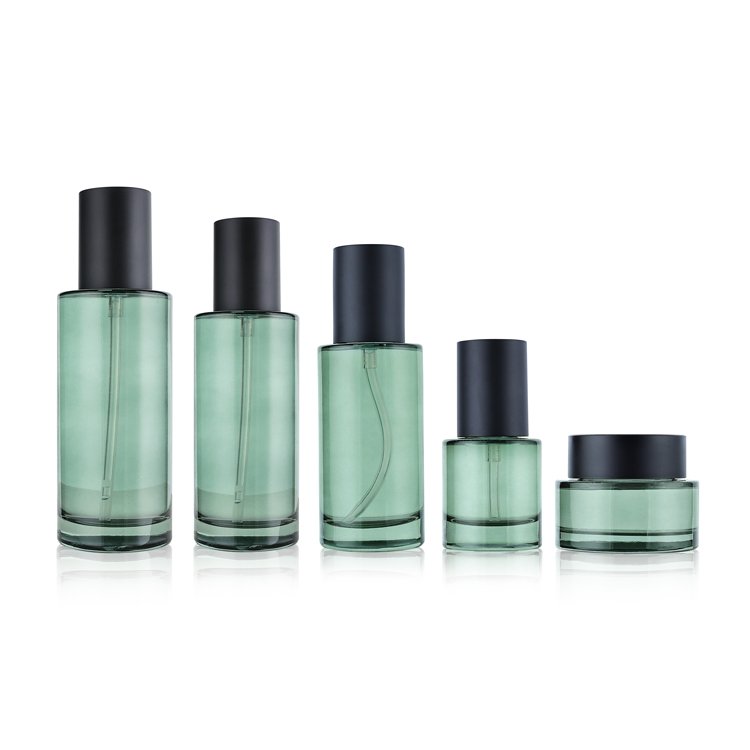 Luxury Cosmetic Bottle And Jar Set 40ml 100ml 130ml 150ml Glass Bottle 50g Cream Jar Green Skin Care Products Glass Packaging