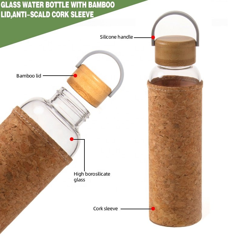 Wholesale Customised 500ml 750ml gift Clear sublimation blanks Glass Water Bottles Custom Eco Manufacturing cork cup holder Bamb