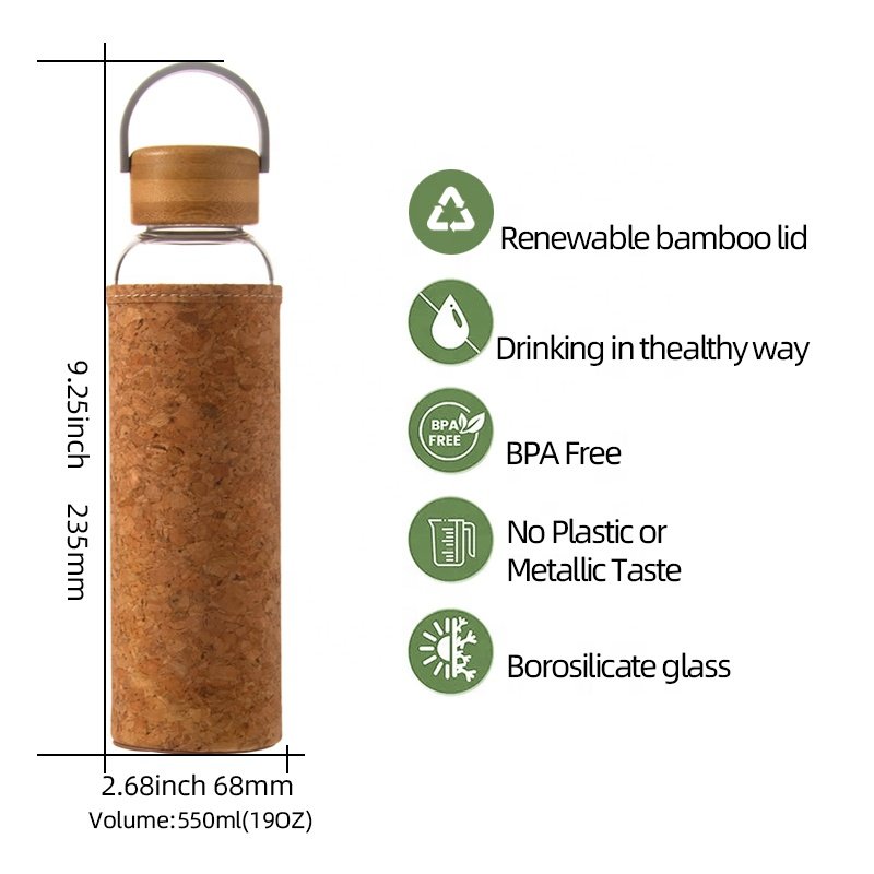Wholesale Customised 500ml 750ml gift Clear sublimation blanks Glass Water Bottles Custom Eco Manufacturing cork cup holder Bamb