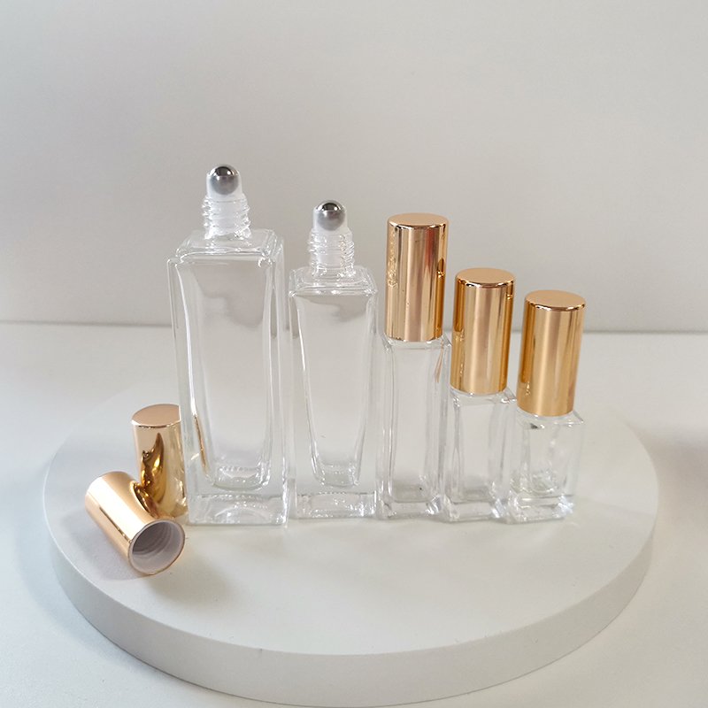 Empty essential oil glass roller bottle square 10 ml clear rectangular glass bottle with stainless steel roller for perfume oil