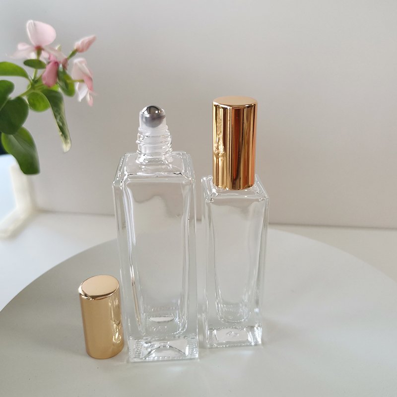 Empty essential oil glass roller bottle square 10 ml clear rectangular glass bottle with stainless steel roller for perfume oil