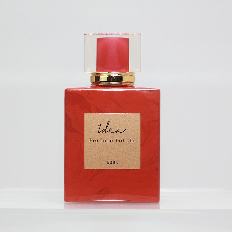 Good Price Of Unique Square Red Marbling Spray-head 75ml Perfume Glass Bottle