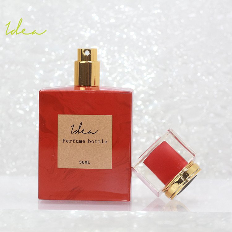 Good Price Of Unique Square Red Marbling Spray-head 75ml Perfume Glass Bottle