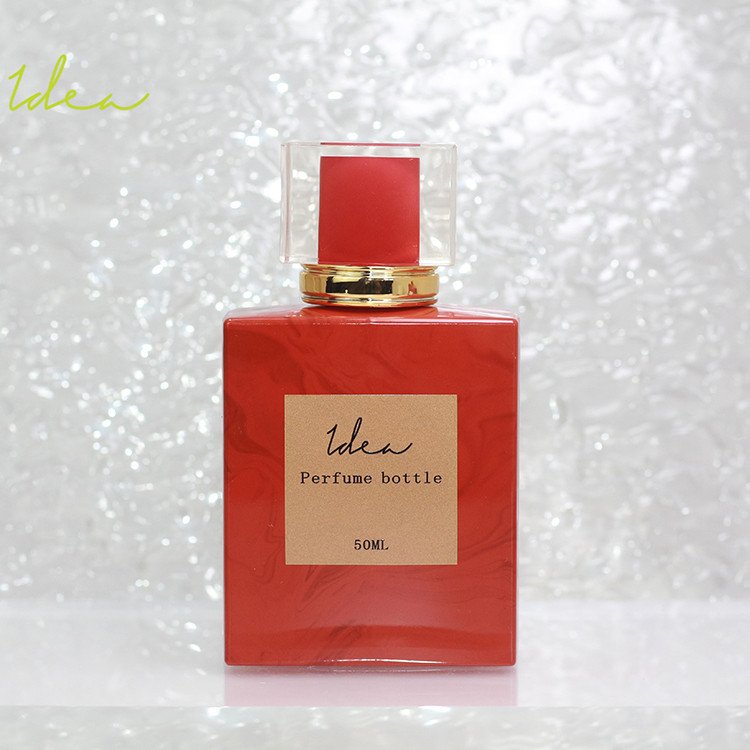 Good Price Of Unique Square Red Marbling Spray-head 75ml Perfume Glass Bottle