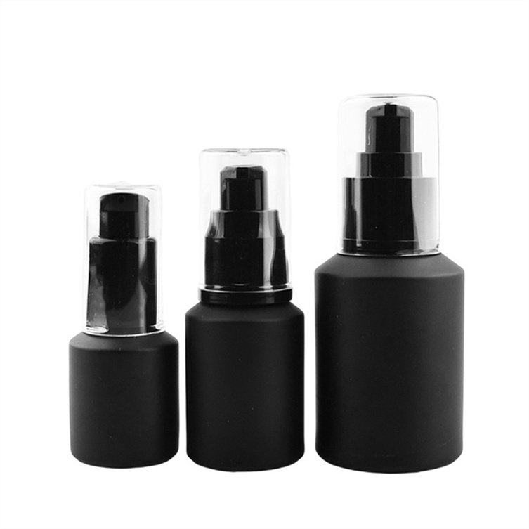 Cosmetic packaging matte black frosted amber 1 2 4 oz lotion essential oil glass bottle with pump dropper screw cap for shampoo