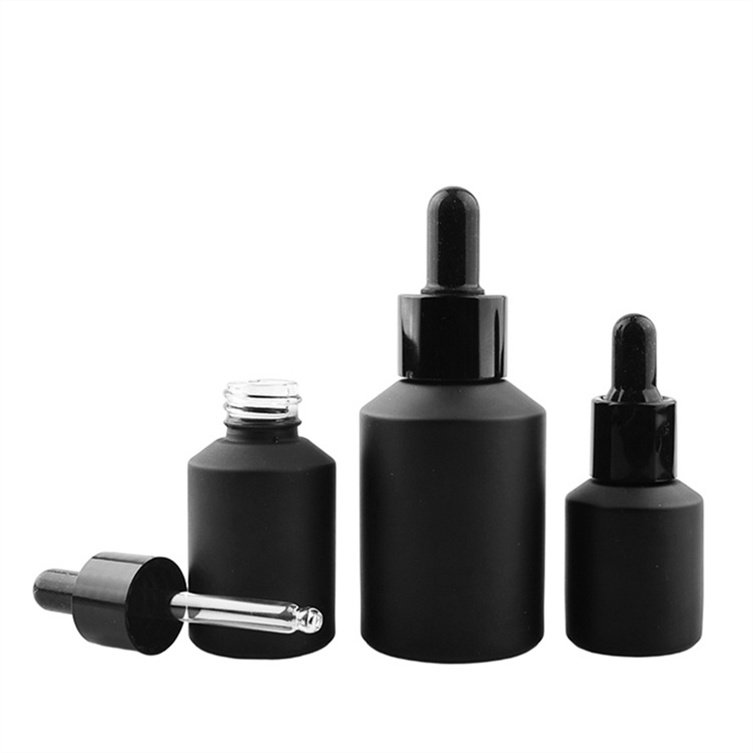 Cosmetic packaging matte black frosted amber 1 2 4 oz lotion essential oil glass bottle with pump dropper screw cap for shampoo