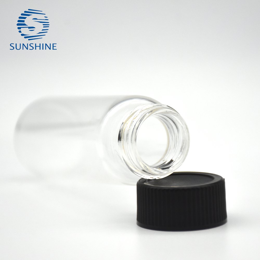 Good quality 20ml clear transparent color glass tube vial screw neck with M20 plastic black screw thread cap