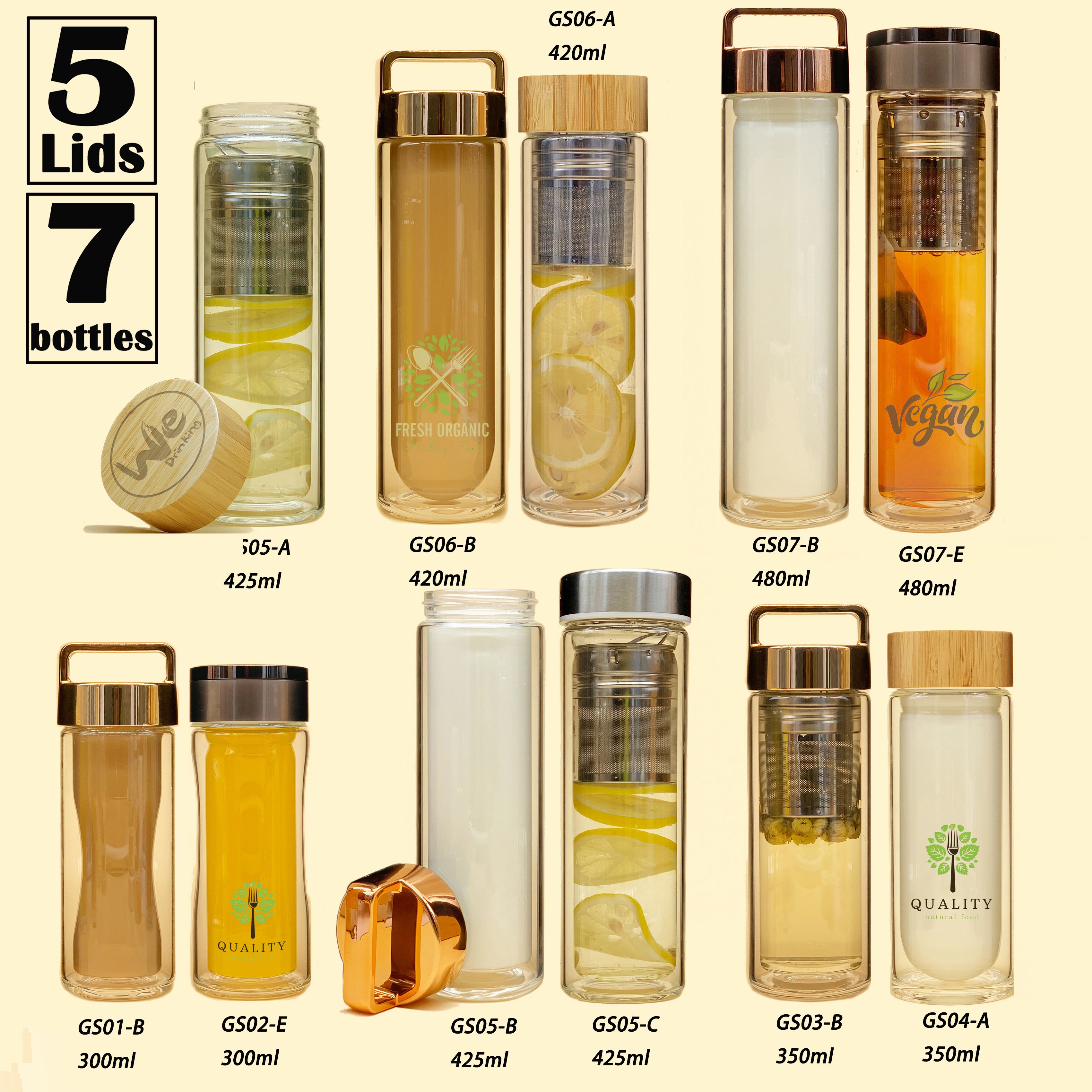 GS07 480ML 100% BPA FREE borosilicate Double Wall Glass Tea Infuser Glass Bottle with Bamboo Lid