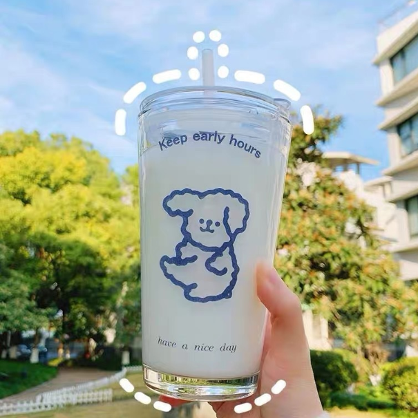 Cute 400ml 13.5oz Scale Water Mug Kids Glass Milk Cup With Silicone Straw and Lid Glass Bottle