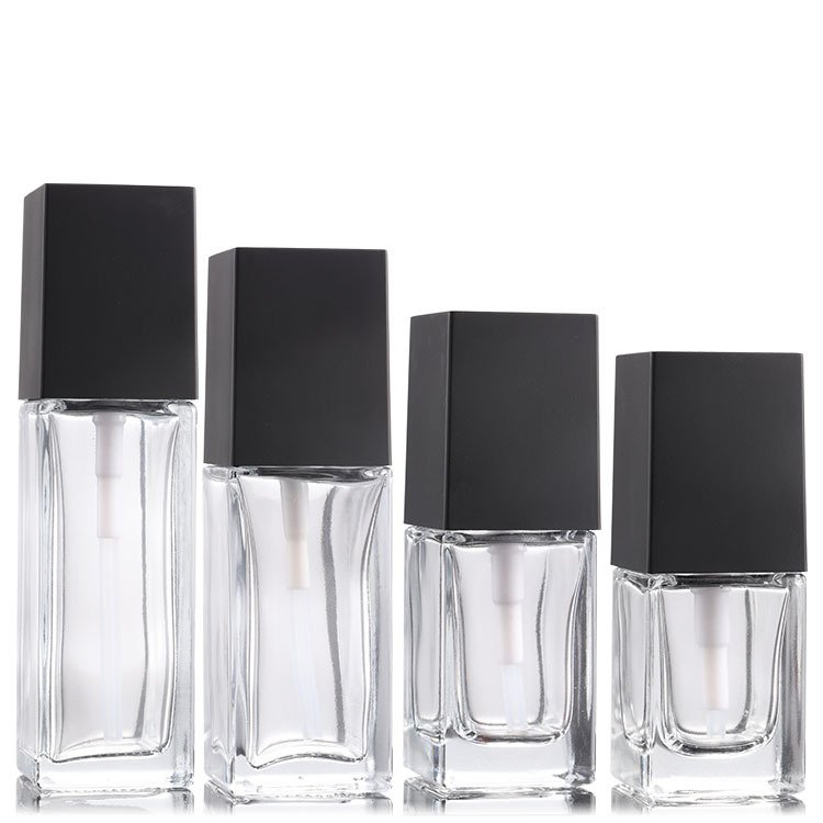 hot-sale transparent black cap 15ml 20ml 30ml 40ml Liquid foundation emulsion glass square bottle