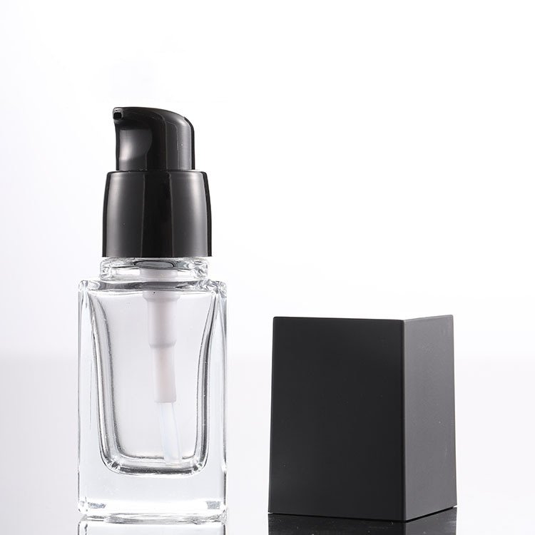 hot-sale transparent black cap 15ml 20ml 30ml 40ml Liquid foundation emulsion glass square bottle